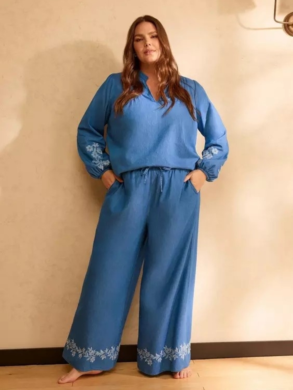 Torrid Belle Isle Embroidered Wide-Leg Chambray Pant Size 2x